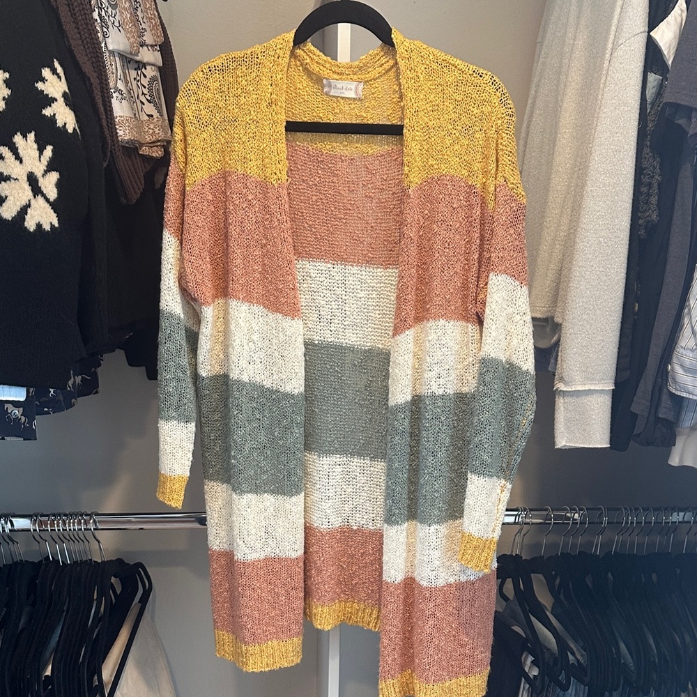 ALTAR’D STATE Colorblock Cardigan in Yellow, Pink, and Green